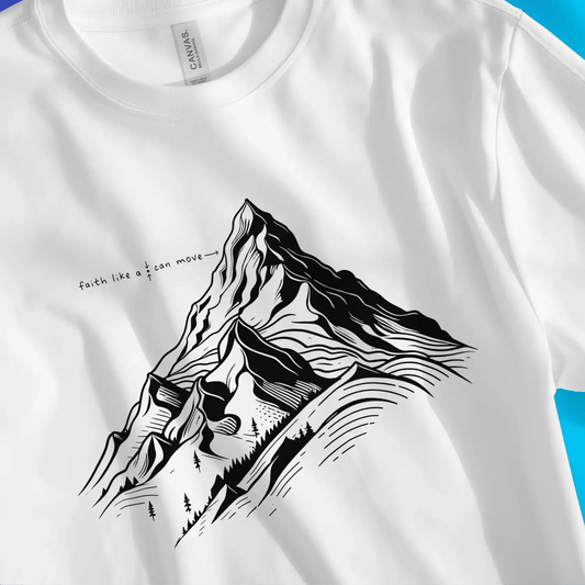 An image of Faith Like A Mustard Seed Can Move Mountains | Premium Unisex Christian T-shirt available at 3rd Day Christian Clothing UK