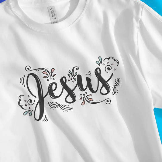 An image of Jesus (Hand Lettering) | Premium Unisex Christian T-shirt available at 3rd Day Christian Clothing UK