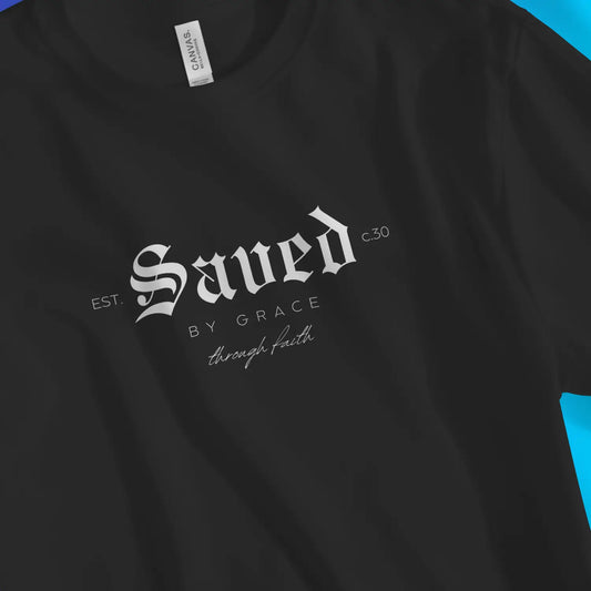 An image of Saved By Grace (Classic) 2.0 | Premium Unisex Christian T-shirt available at 3rd Day Christian Clothing UK