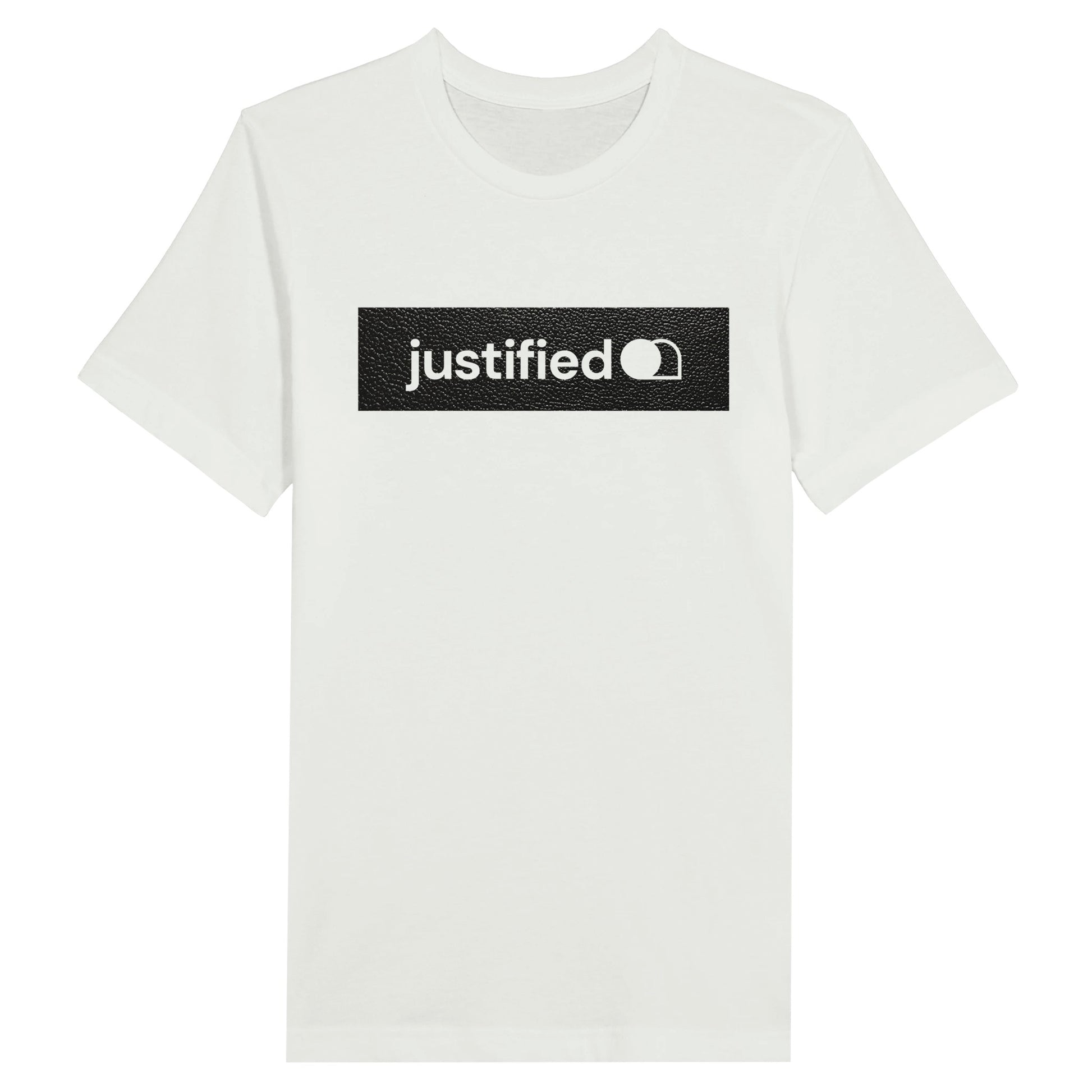 An image of justified (Black Leather Look) | Premium Unisex Christian T-shirt available at 3rd Day Christian Clothing UK