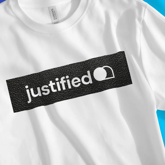 An image of justified (Black Leather Look) | Premium Unisex Christian T-shirt available at 3rd Day Christian Clothing UK