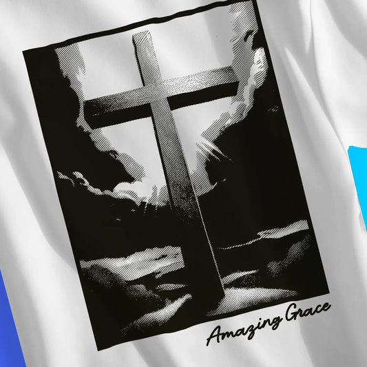 Amazing Grace (Cross) | Premium Unisex Christian T-Shirt, laid flat, designed by 3rd Day Christian Clothing UK