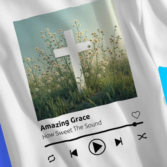 Amazing Grace (Music Player) | Premium Unisex Christian T-Shirt, laid flat, designed by 3rd Day Christian Clothing UK