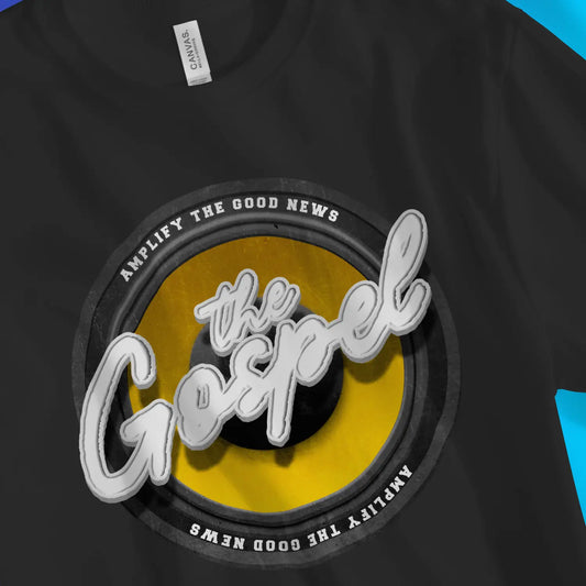 Amplify The Gospel | Premium Unisex Christian T-Shirt, laid flat, designed by 3rd Day Christian Clothing UK