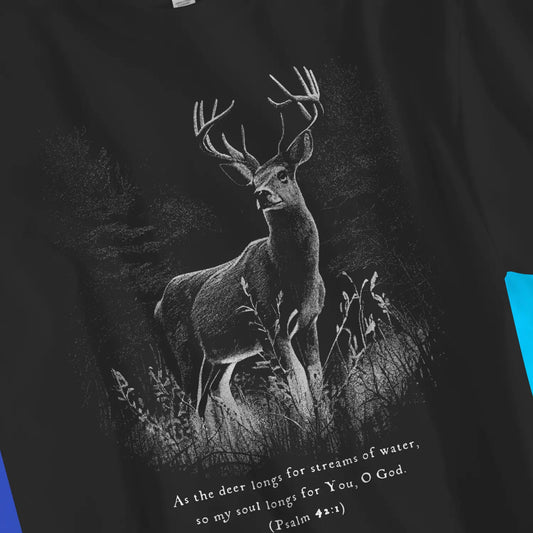 An image of As The Deer 2.0 (Psalm 42:1) | Premium Unisex Christian T-shirt available at 3rd Day Christian Clothing UK