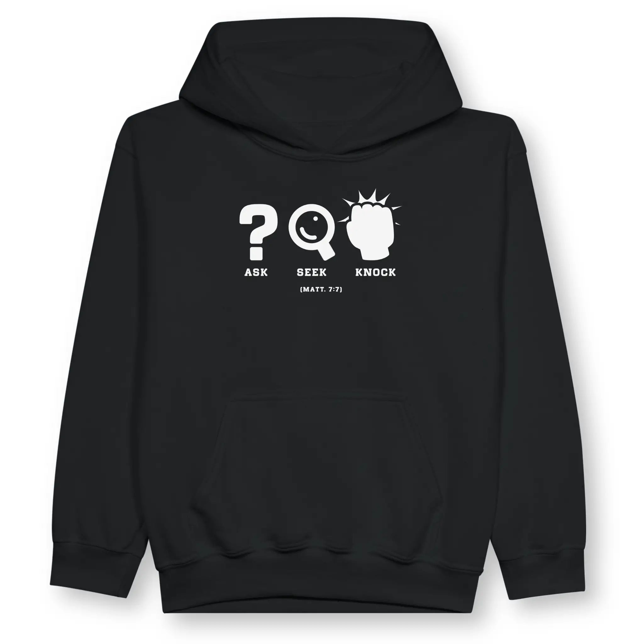 Ask Seek Knock (Matt. 7:7) – Kids' Christian Hoodie designed by 3rd Day Christian Clothing.
