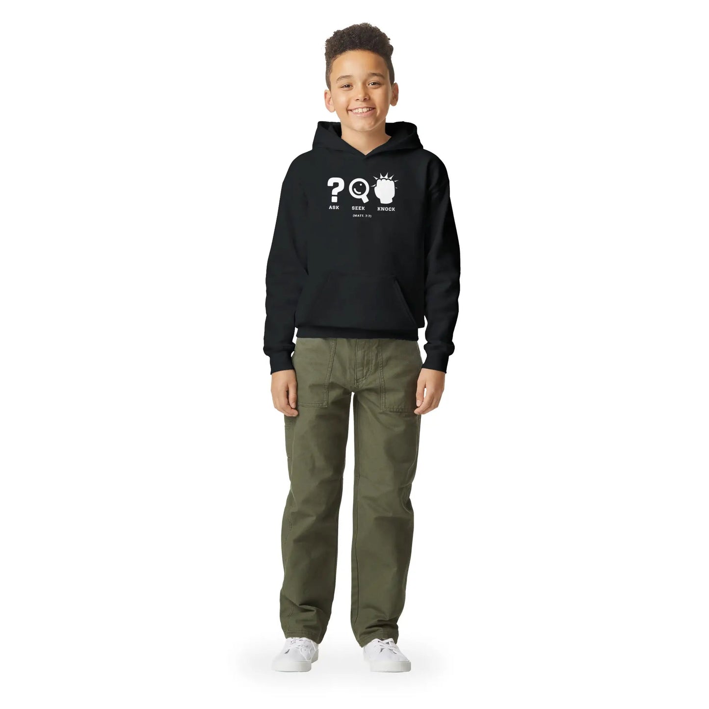 Ask Seek Knock (Matt. 7:7) | Premium Kids' Christian Hoodie designed by 3rd Day Christian Clothing.