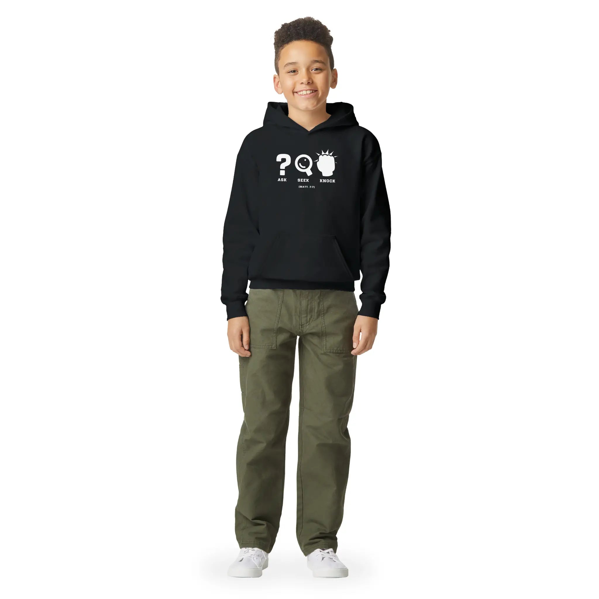 Ask Seek Knock (Matt. 7:7) – Kids' Christian Hoodie designed by 3rd Day Christian Clothing.