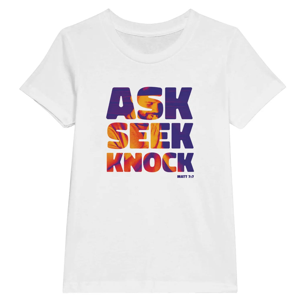 Ask Seek Knock (Pray) – Kids' Christian T-Shirt designed by 3rd Day Christian Clothing.