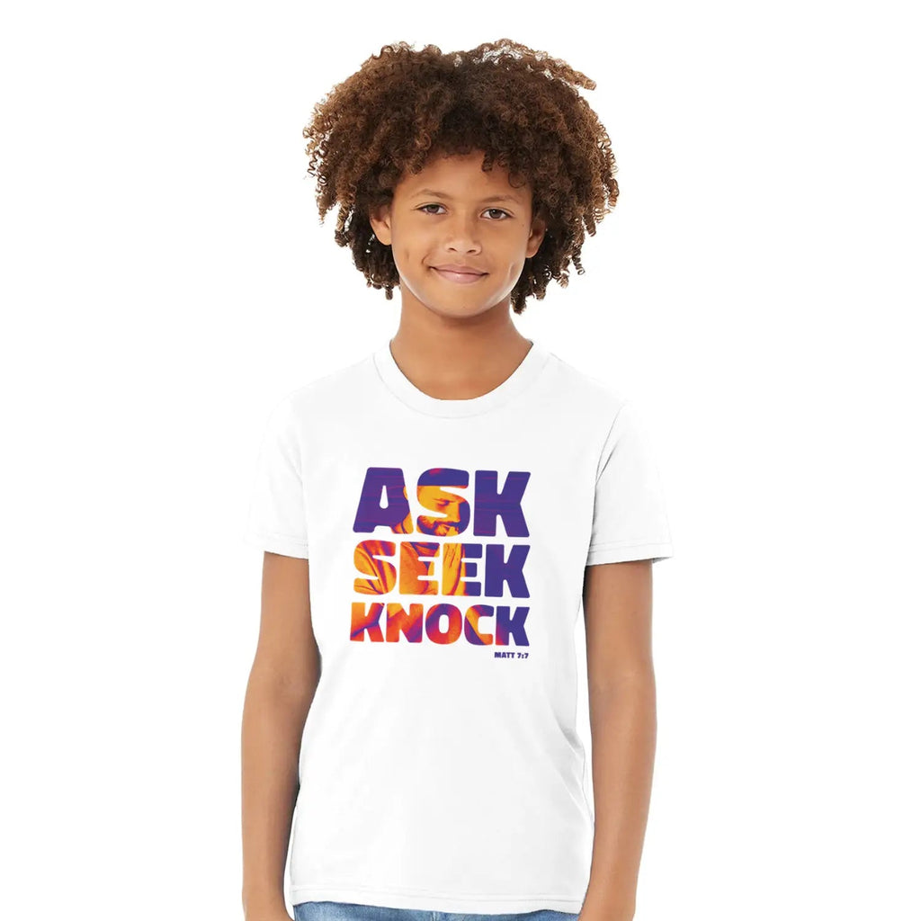 Ask Seek Knock (Pray) – Kids' Christian T-Shirt designed by 3rd Day Christian Clothing.