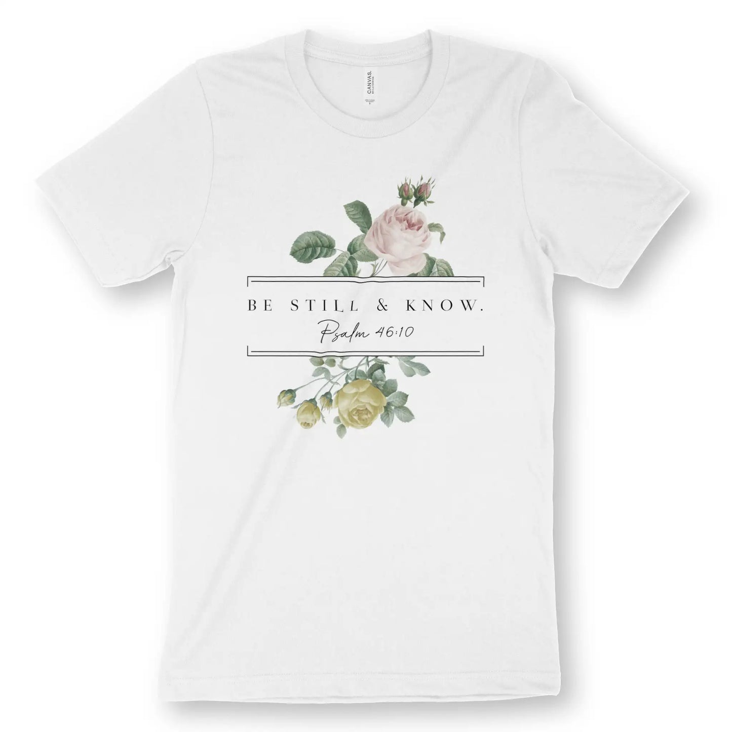 Be Still & Know (Floral) | Premium Unisex Christian T-Shirt, laid flat, designed by 3rd Day Christian Clothing UK