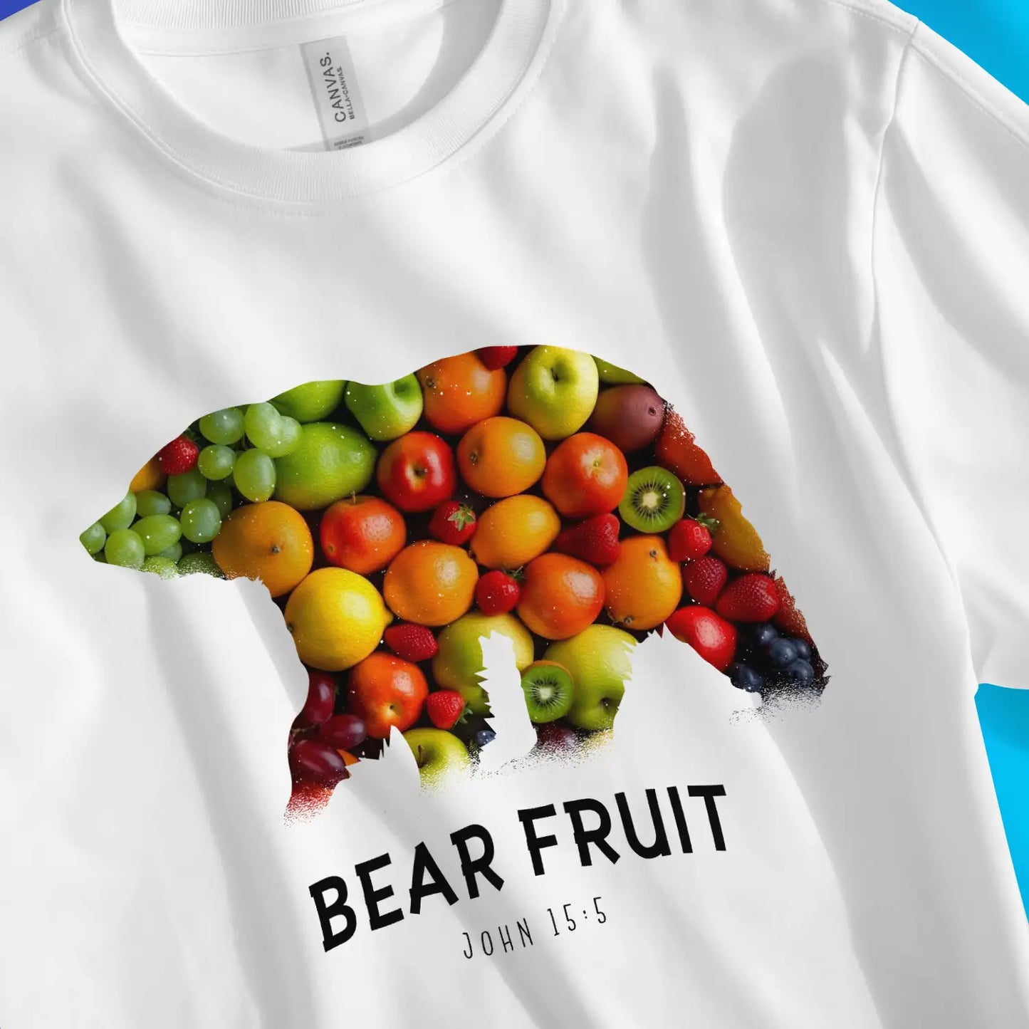 Bear Fruit (John 15:5) | Premium Unisex Christian T-Shirt, laid flat, designed by 3rd Day Christian Clothing UK