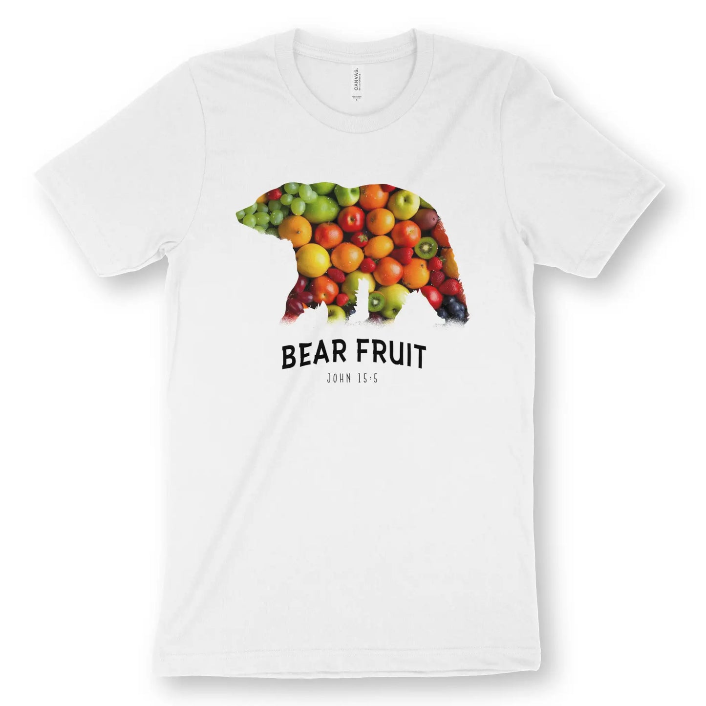 Bear Fruit (John 15:5) | Premium Unisex Christian T-Shirt, laid flat, designed by 3rd Day Christian Clothing UK