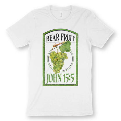 Bear Fruit (John 15:5) | Premium Unisex Christian T-Shirt, laid flat, designed by 3rd Day Christian Clothing UK