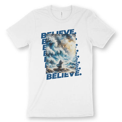 Believe (Moses & The Exodus) 2.0 | Premium Unisex Christian T-Shirt, laid flat, designed by 3rd Day Christian Clothing UK