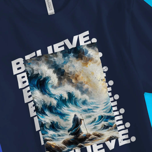 Believe (Moses & The Exodus) | Premium Unisex Christian T-Shirt, laid flat, designed by 3rd Day Christian Clothing UK