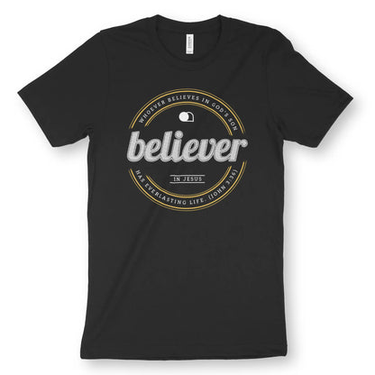 Believer (John 3:36) 2.0 | Premium Unisex Christian T-Shirt, laid flat, designed by 3rd Day Christian Clothing UK