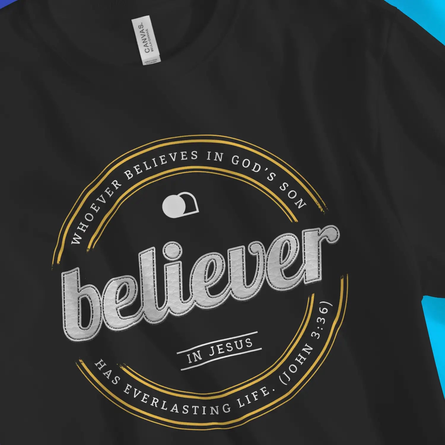 Believer (John 3:36) 2.0 | Premium Unisex Christian T-Shirt, laid flat, designed by 3rd Day Christian Clothing UK