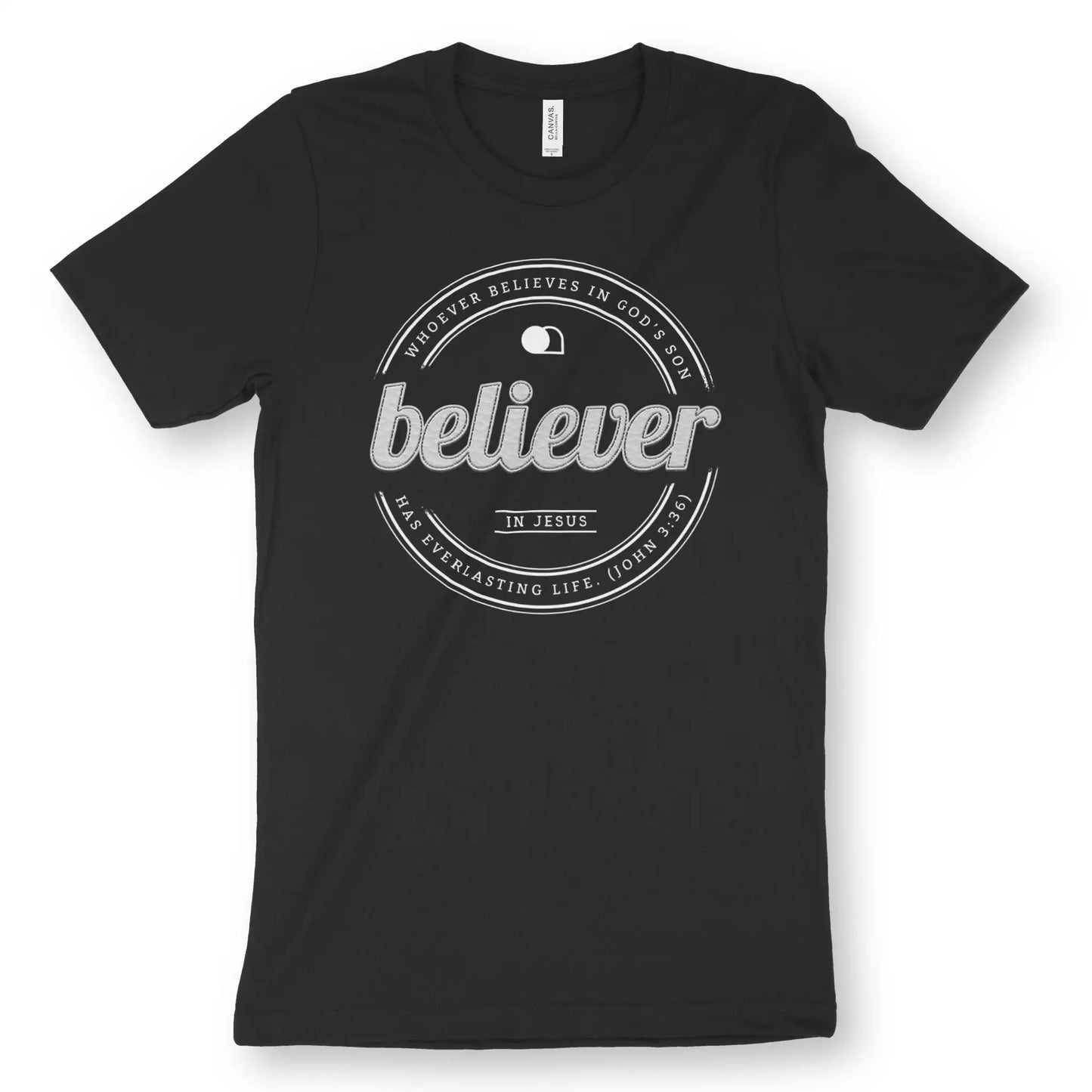 Believer (John 3:36) | Premium Unisex Christian T-Shirt, laid flat, designed by 3rd Day Christian Clothing UK