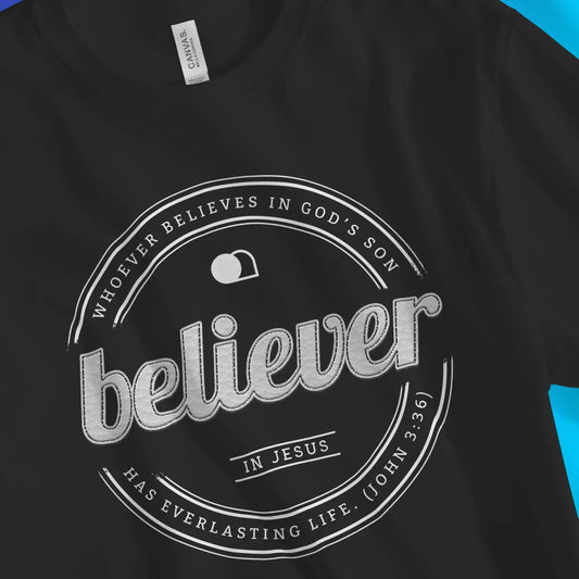 Believer (John 3:36) | Premium Unisex Christian T-Shirt, laid flat, designed by 3rd Day Christian Clothing UK