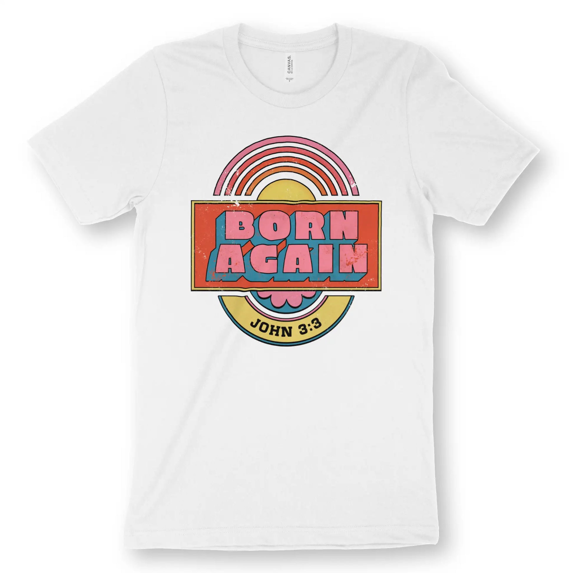 Born Again (Retro) | Premium Unisex Christian T-Shirt, laid flat, designed by 3rd Day Christian Clothing UK