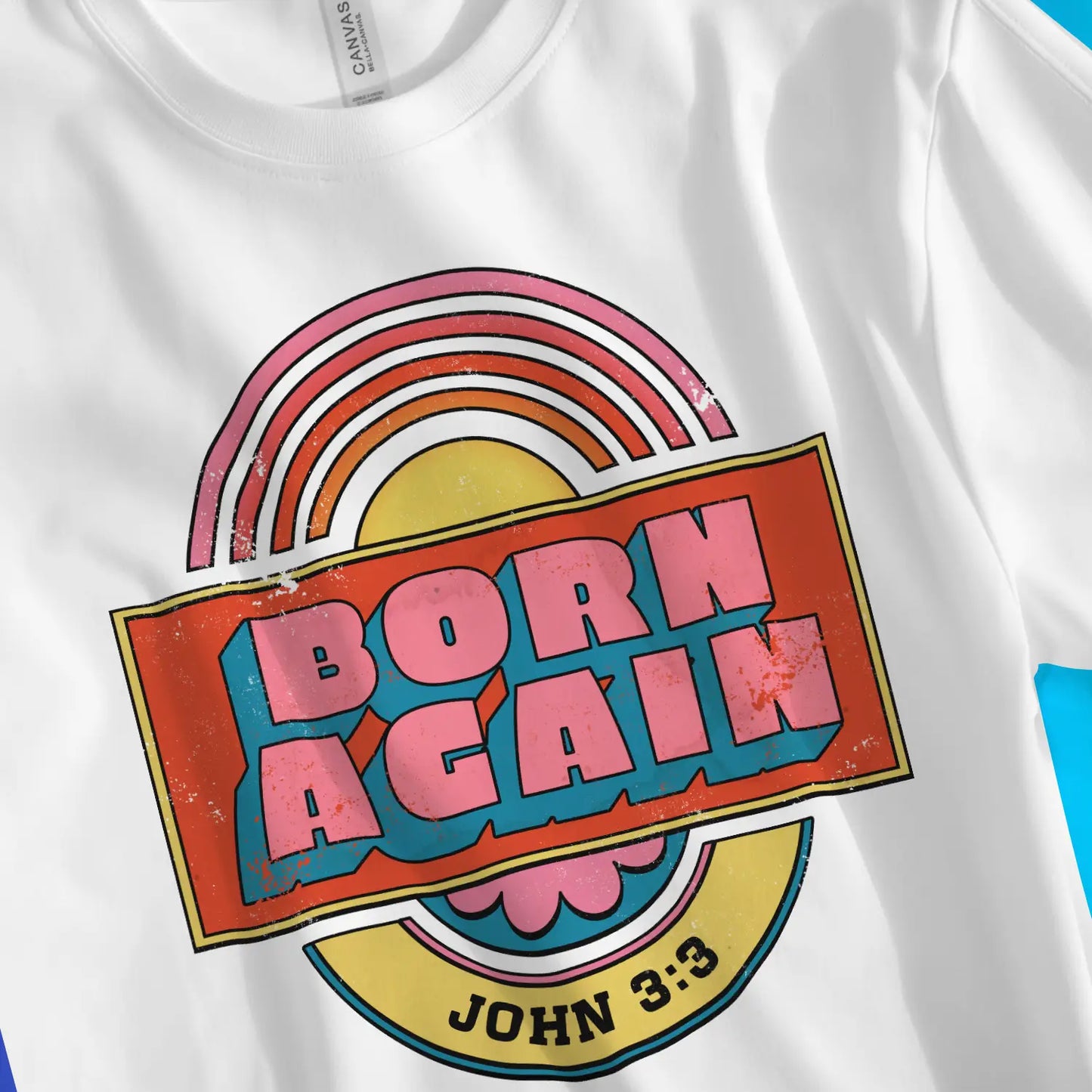 Born Again (Retro) | Premium Unisex Christian T-Shirt, laid flat, designed by 3rd Day Christian Clothing UK