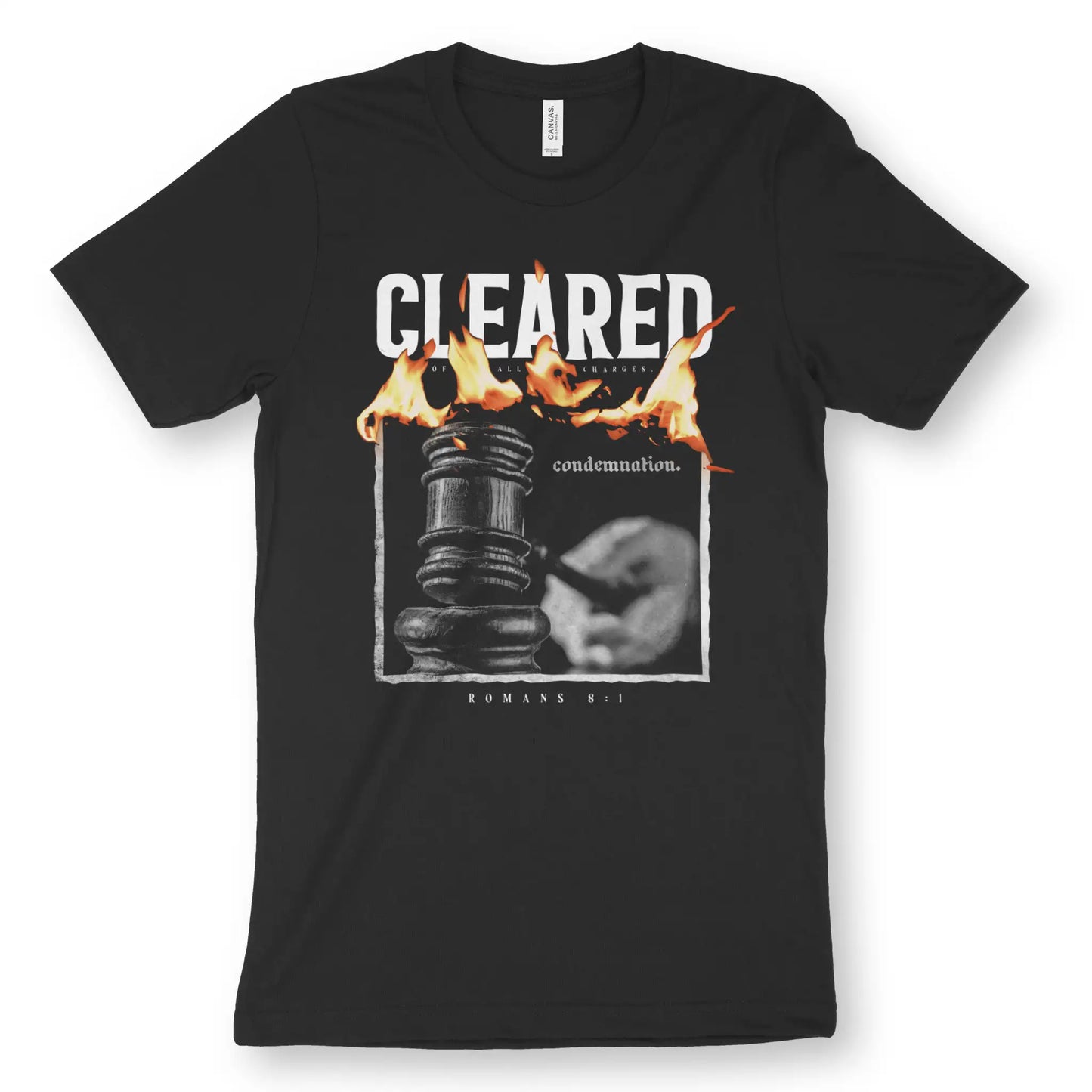 CLEARED OF ALL CHARGES | Premium Unisex Christian T-Shirt, laid flat, designed by 3rd Day Christian Clothing UK