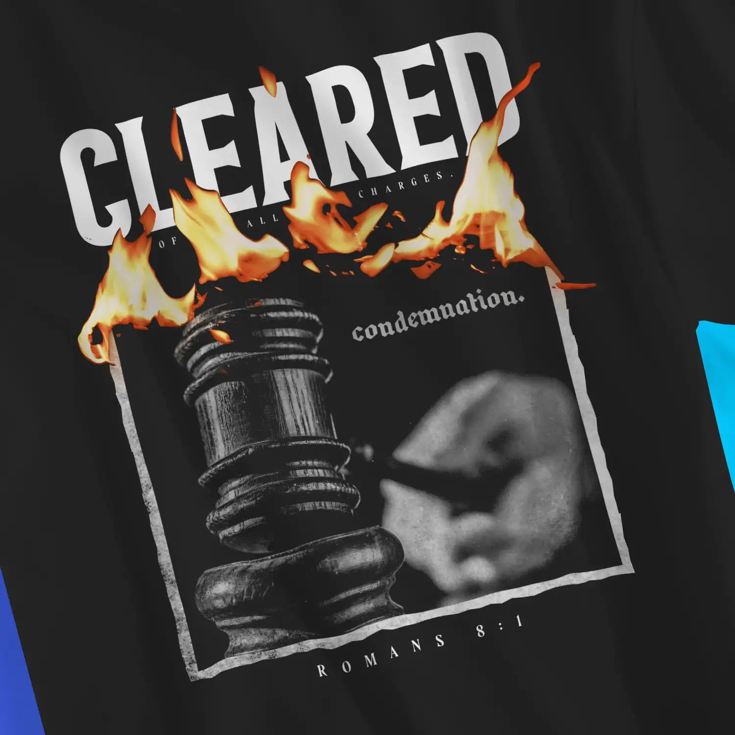 CLEARED OF ALL CHARGES | Premium Unisex Christian T-Shirt, laid flat, designed by 3rd Day Christian Clothing UK