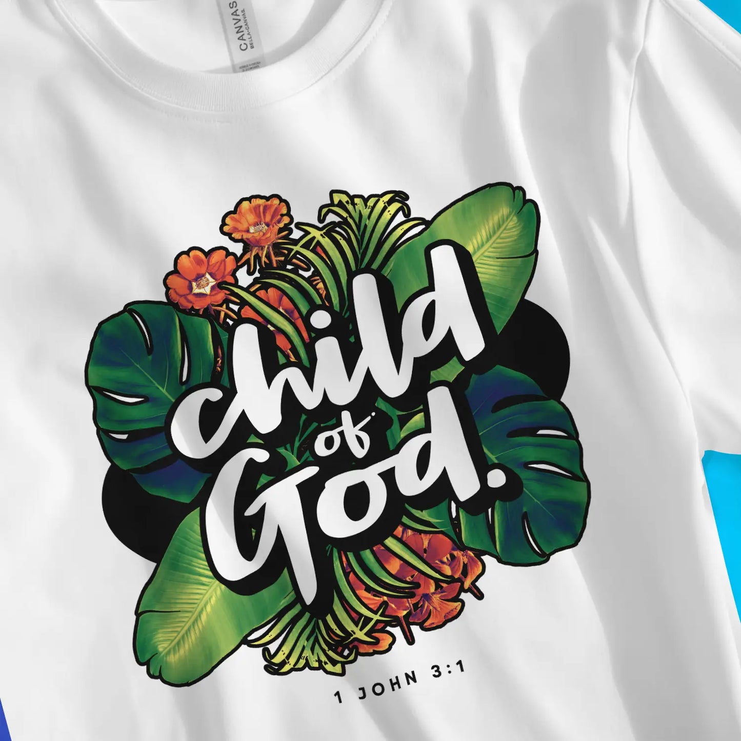 Child of God (1 John 3:1) | Premium Unisex Christian T-Shirt, laid flat, designed by 3rd Day Christian Clothing UK