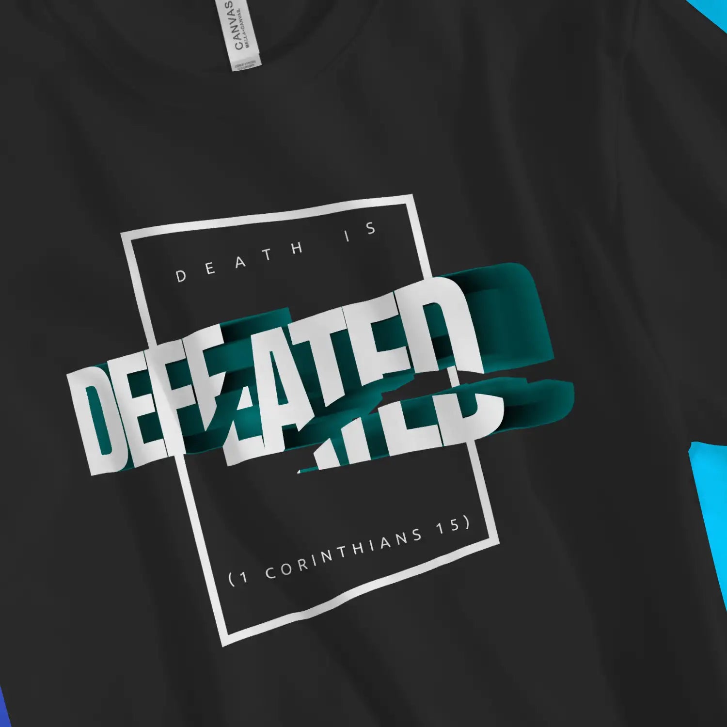 Death Is Defeated (3D) | Premium Unisex Christian T-Shirt, laid flat, designed by 3rd Day Christian Clothing UK