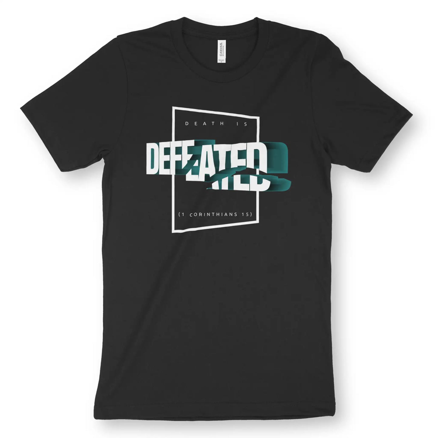 Death Is Defeated (3D) | Premium Unisex Christian T-Shirt, laid flat, designed by 3rd Day Christian Clothing UK