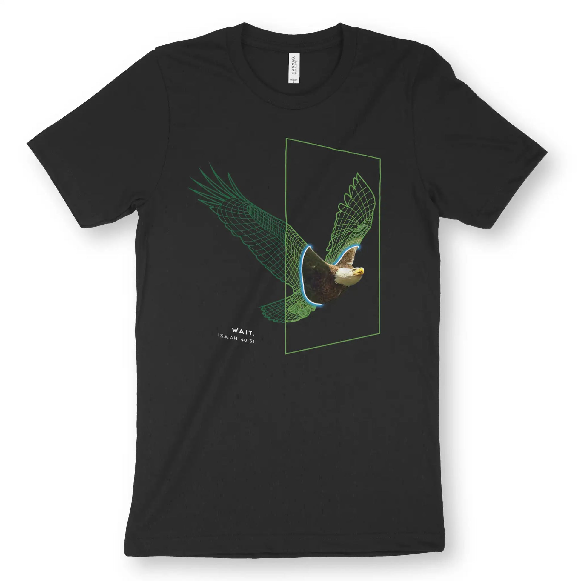 Eagle Portal (Isaiah 40:31) | Premium Unisex Christian T-Shirt, laid flat, designed by 3rd Day Christian Clothing UK