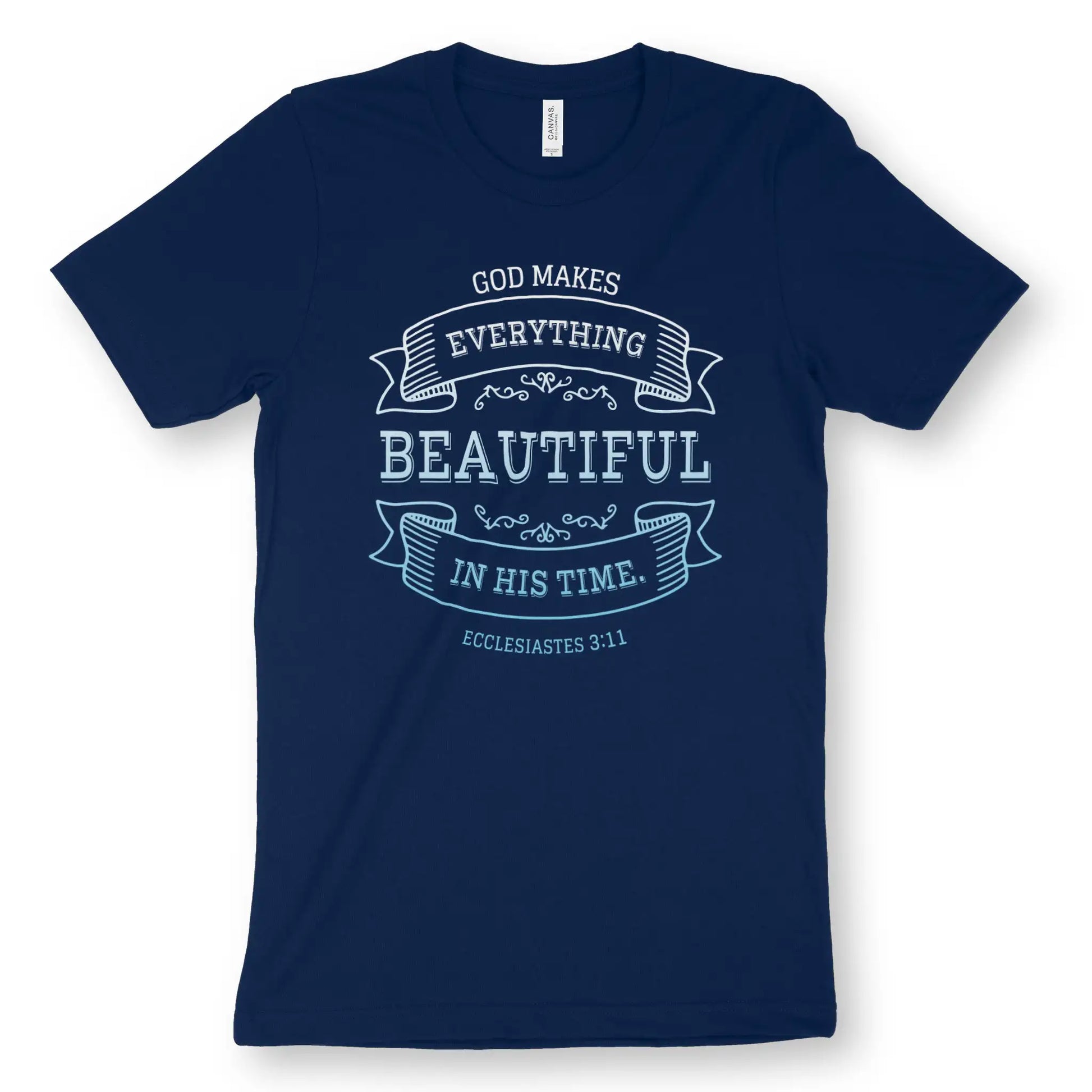 Everything Beautiful (Ecclesiastes 3:11) | Premium Unisex Christian T-Shirt, laid flat, designed by 3rd Day Christian Clothing UK