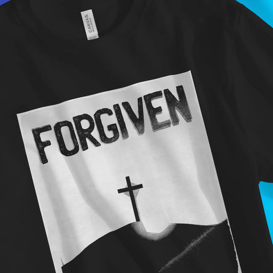 FORGIVEN (Cross) 2.0 | Premium Unisex Christian T-Shirt, laid flat, designed by 3rd Day Christian Clothing UK