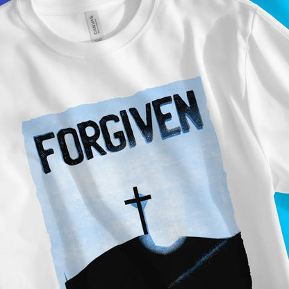 FORGIVEN (Cross) | Premium Unisex Christian T-Shirt, laid flat, designed by 3rd Day Christian Clothing UK