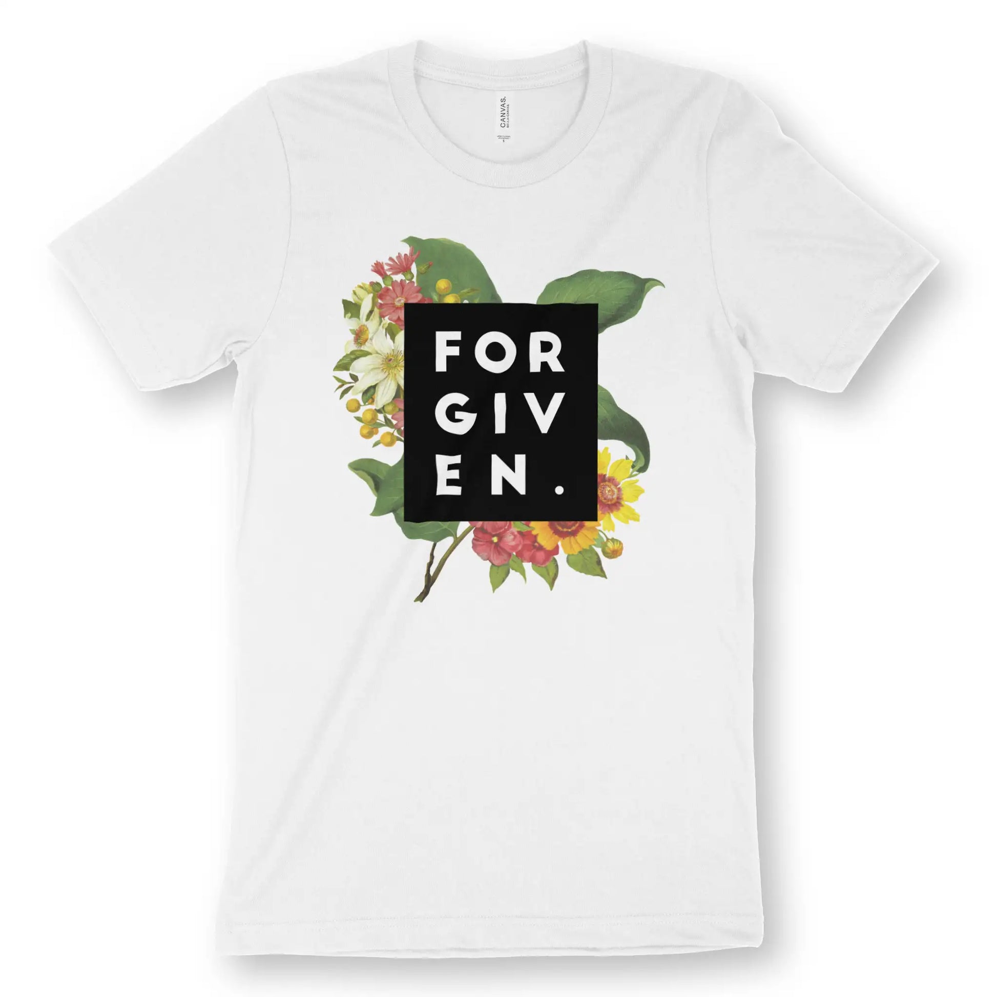 FORGIVEN. | Premium Unisex Christian T-Shirt, laid flat, designed by 3rd Day Christian Clothing UK