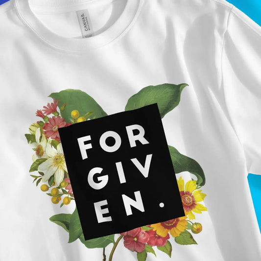 FORGIVEN. | Premium Unisex Christian T-Shirt, laid flat, designed by 3rd Day Christian Clothing UK