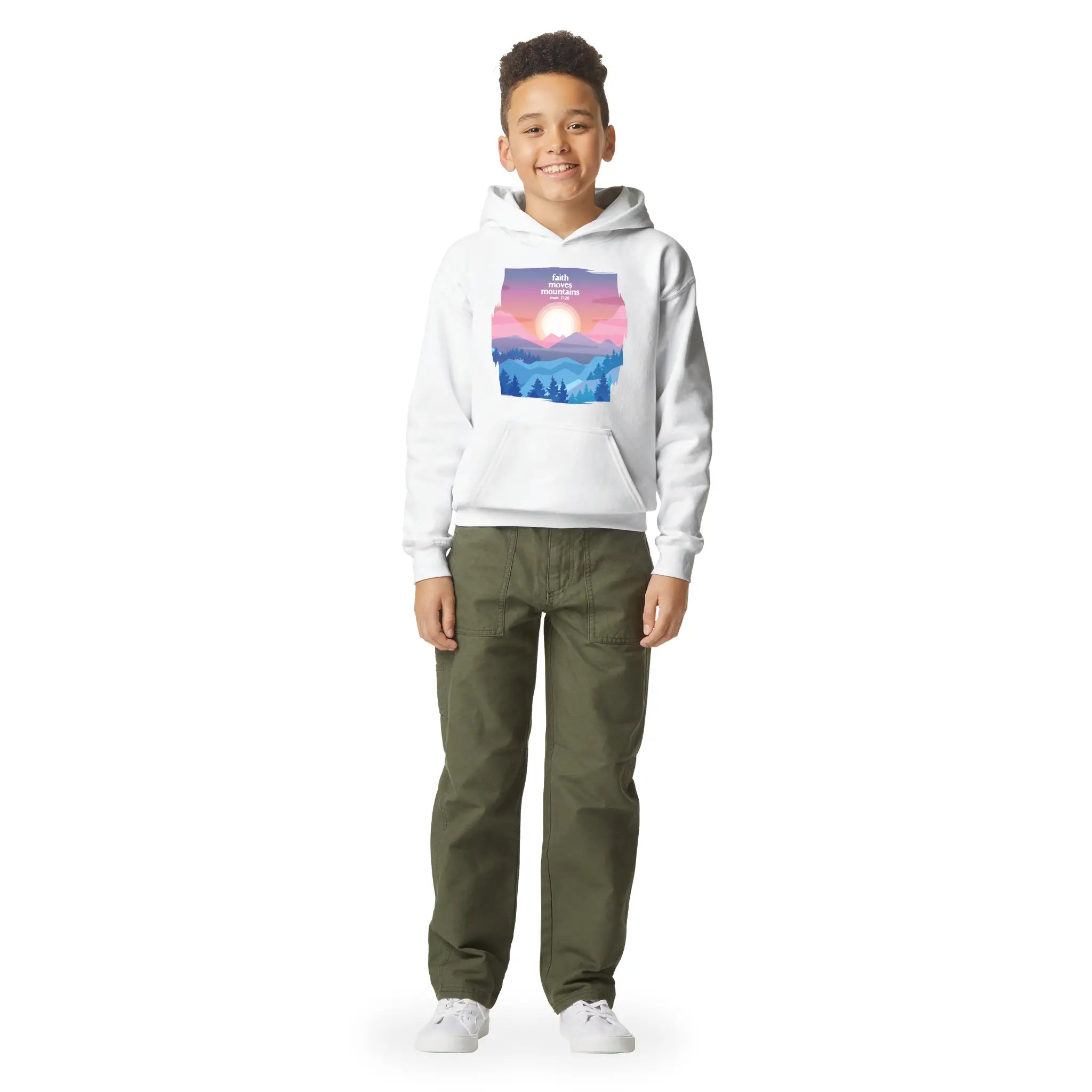 Faith Moves Mountains (Matt. 17:20) – Kids' Christian Hoodie designed by 3rd Day Christian Clothing.