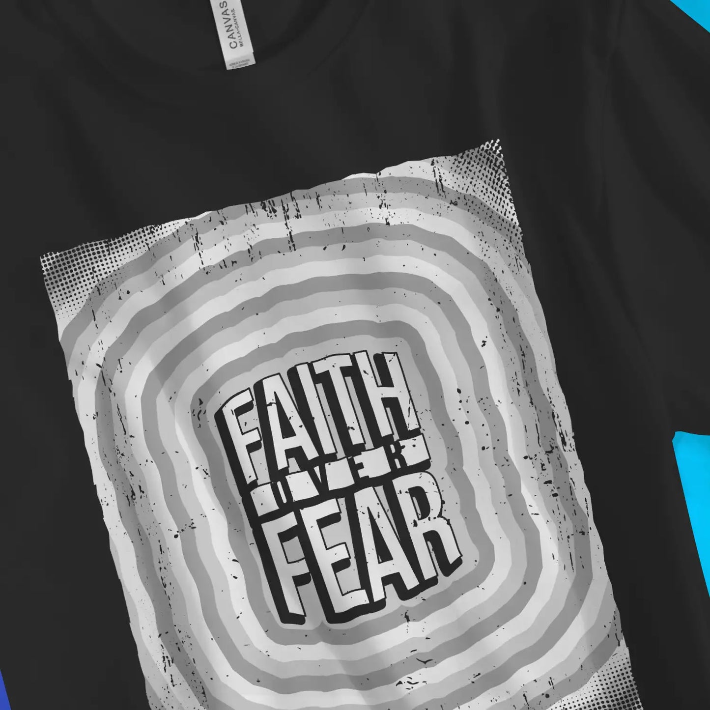 Faith Over Fear (Echo) | Premium Unisex Christian T-Shirt, laid flat, designed by 3rd Day Christian Clothing UK