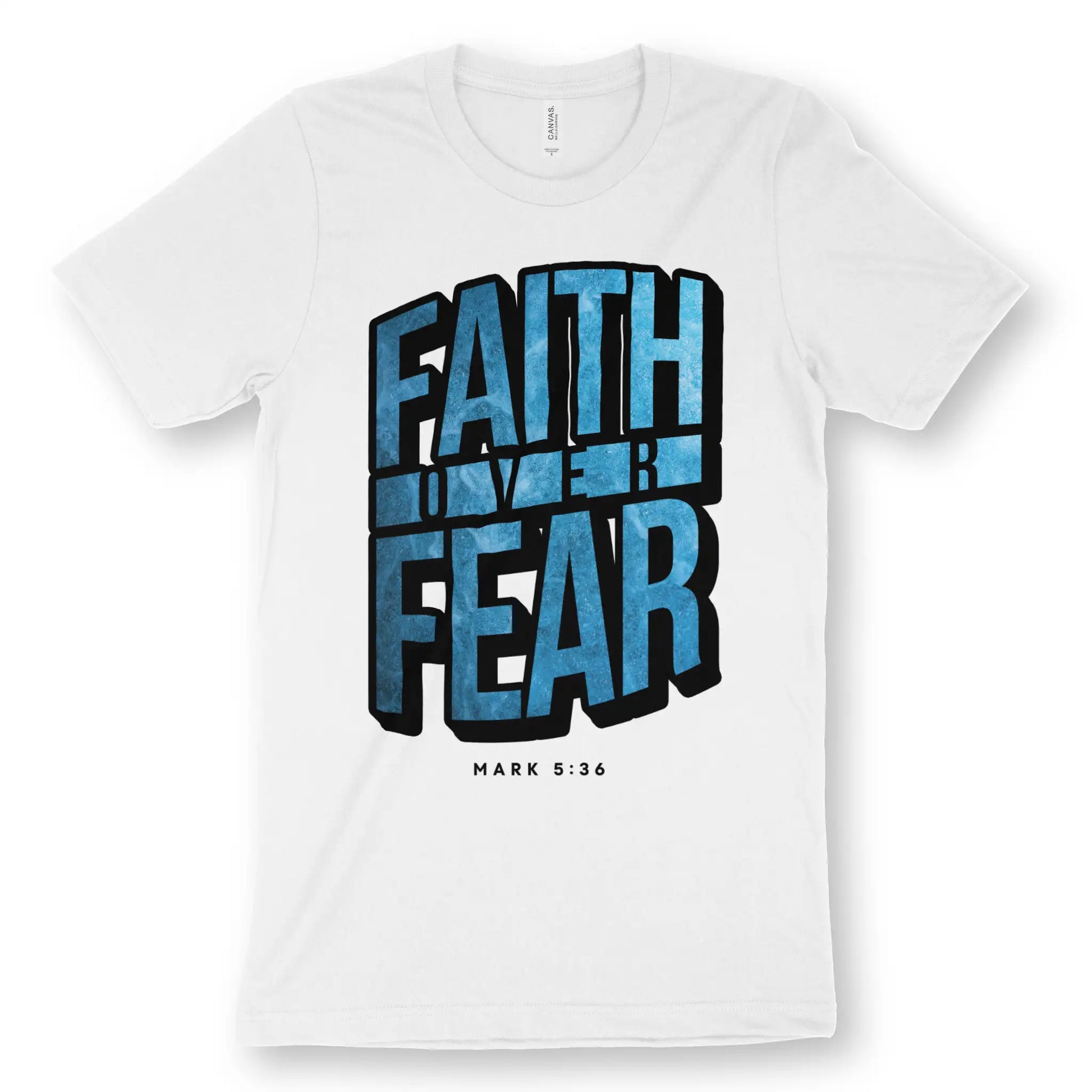 Faith Over Fear (Mark 5:36) 2.0 | Premium Unisex Christian T-Shirt, laid flat, designed by 3rd Day Christian Clothing UK