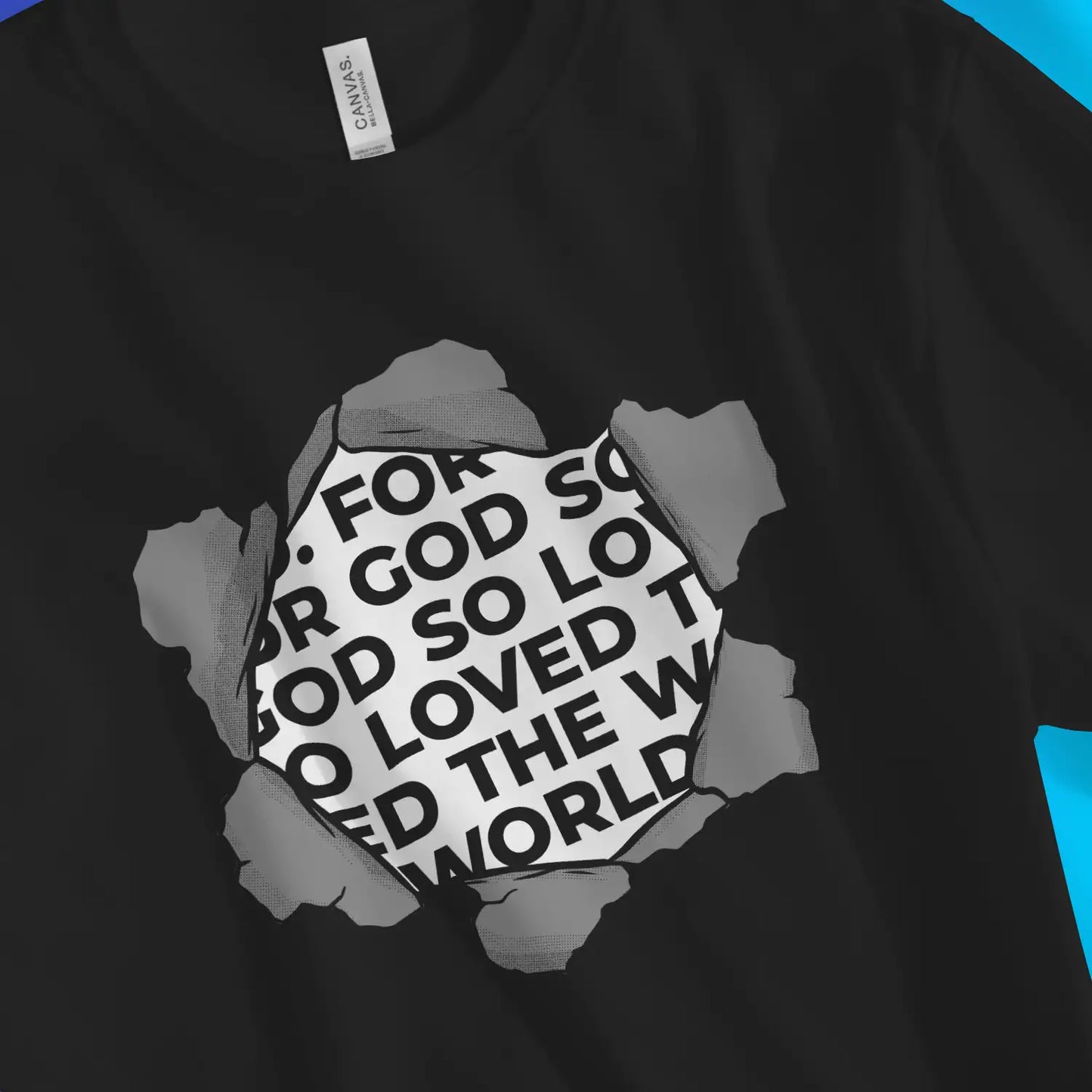 For God So Loved The World | Premium Unisex Christian T-Shirt, laid flat, designed by 3rd Day Christian Clothing UK