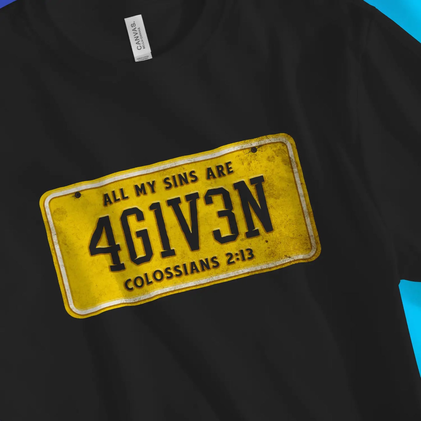 Forgiven (Number Plate) | Premium Unisex Christian T-Shirt, laid flat, designed by 3rd Day Christian Clothing UK