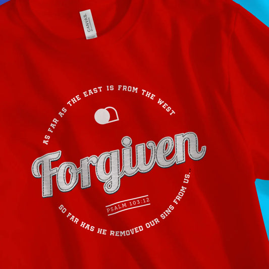 Forgiven (Psalm 103:12) | Premium Unisex Christian T-Shirt, laid flat, designed by 3rd Day Christian Clothing UK