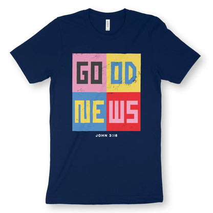 GOOD NEWS (John 3:16) | Premium Unisex Christian T-Shirt, laid flat, designed by 3rd Day Christian Clothing UK