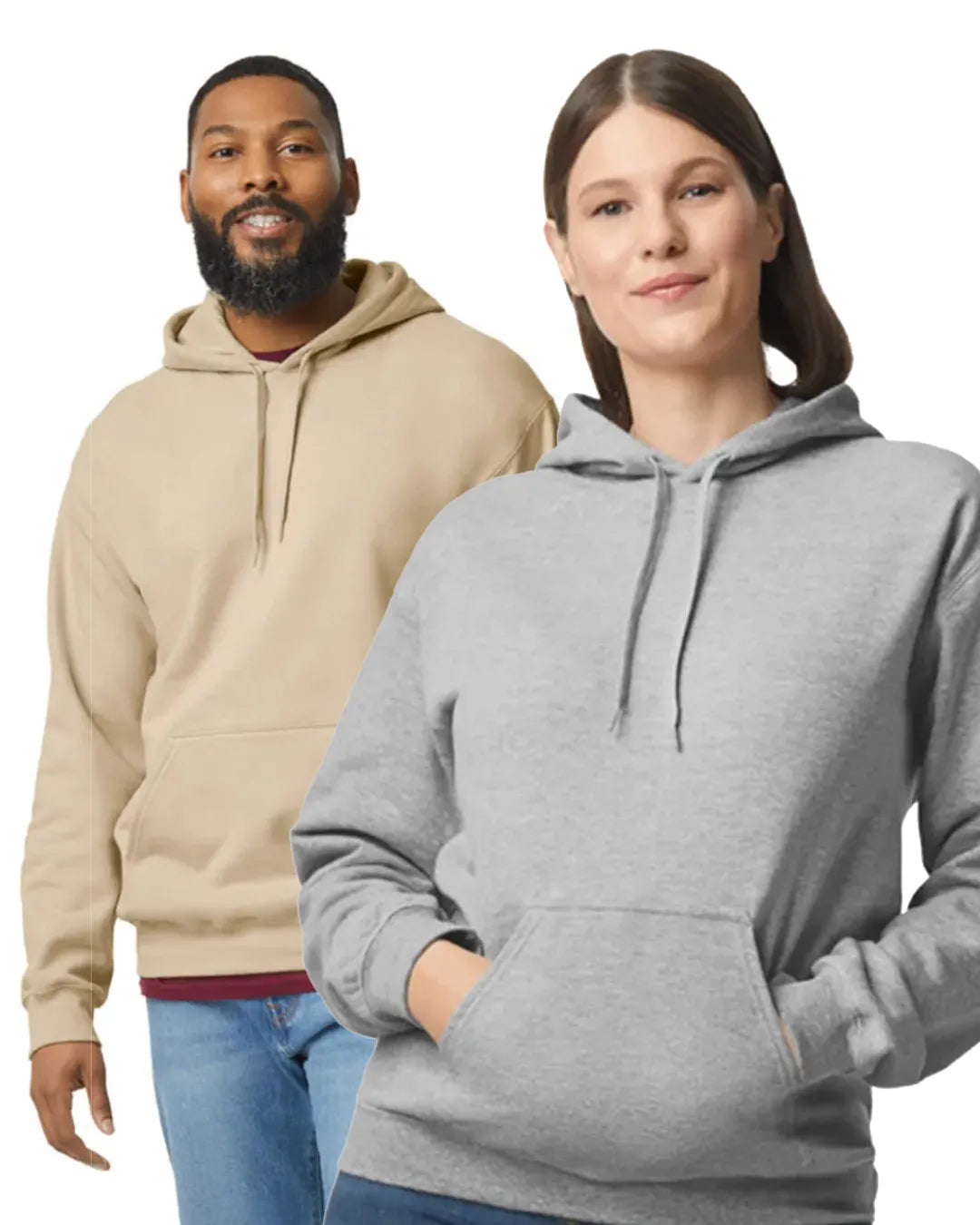 A man and woman both wearing hooded sweatshirts, showing the fit of 3rd Day's unisex Christian hoodies with a white background.