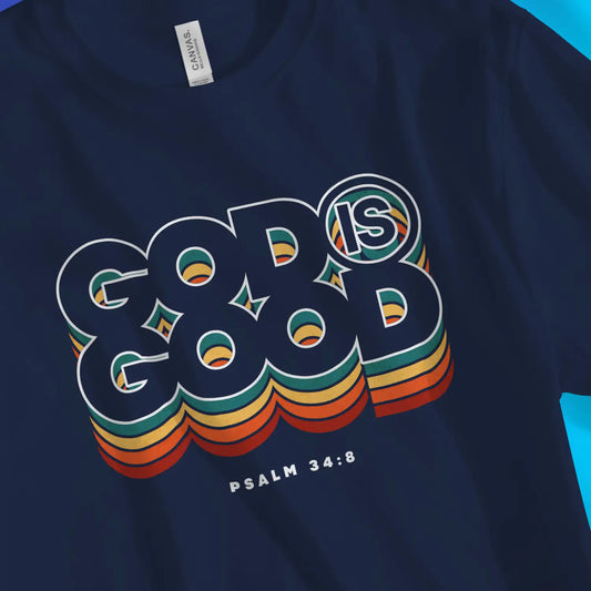 God Is Good (Colour Echo) 2.0 | Premium Unisex Christian T-Shirt, laid flat, designed by 3rd Day Christian Clothing UK