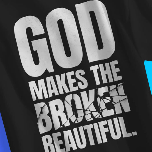 God Makes The Broken Beautiful | Premium Unisex Christian T-Shirt, laid flat, designed by 3rd Day Christian Clothing UK