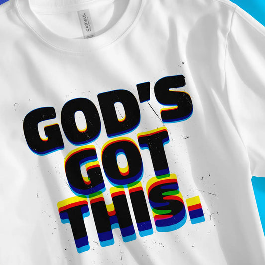 God's Got This (Glitch) | Premium Unisex Christian T-Shirt, laid flat, designed by 3rd Day Christian Clothing UK