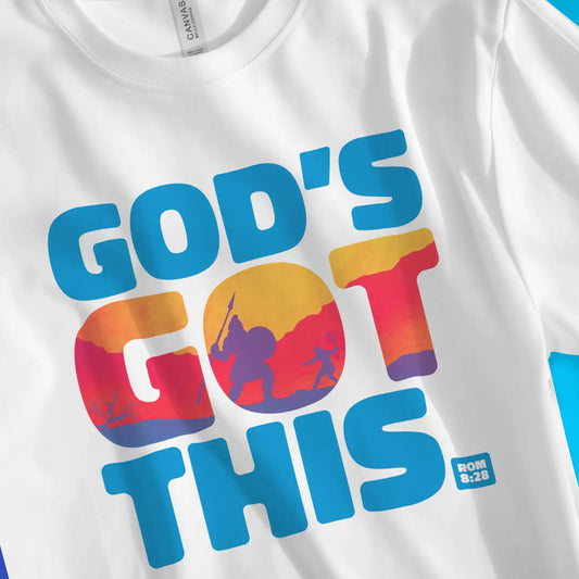 God's Got This. (Rom 8:28) | Premium Unisex Christian T-Shirt, laid flat, designed by 3rd Day Christian Clothing UK