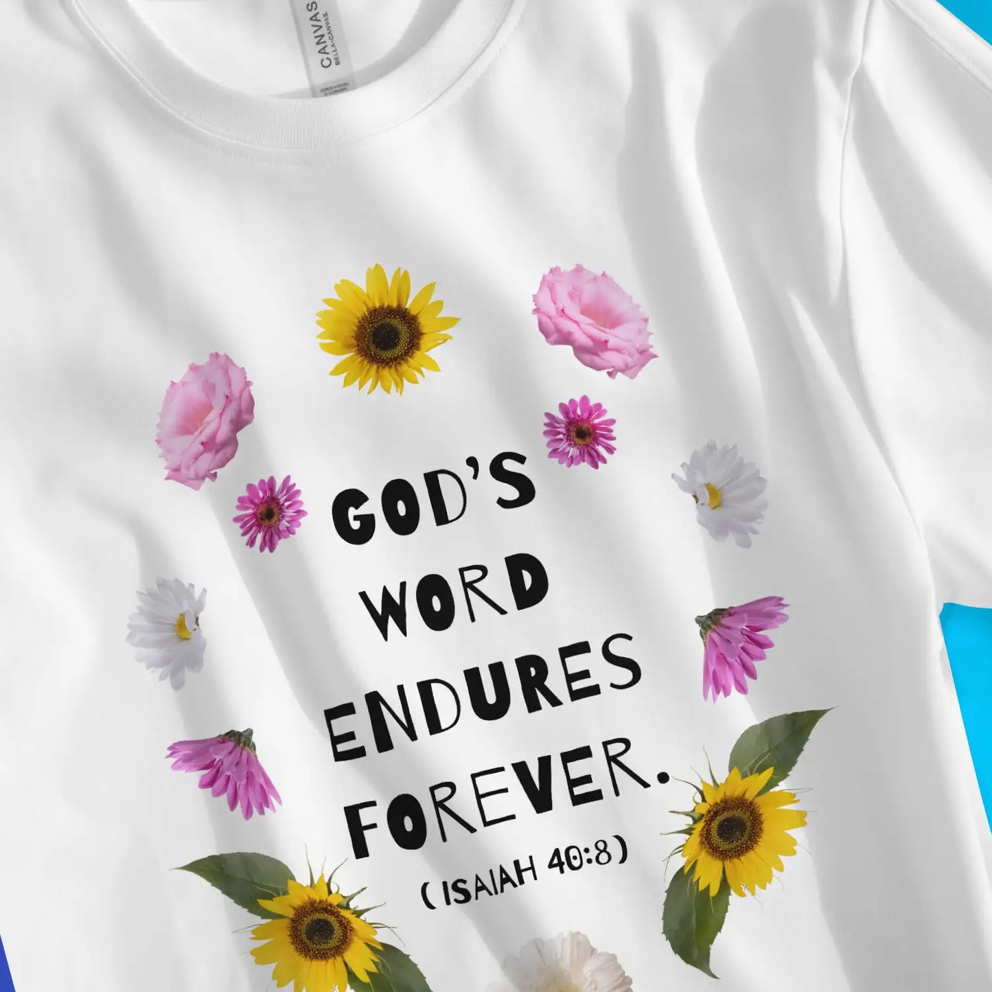 God's Word Endures Forever | Premium Unisex Christian T-Shirt, laid flat, designed by 3rd Day Christian Clothing UK